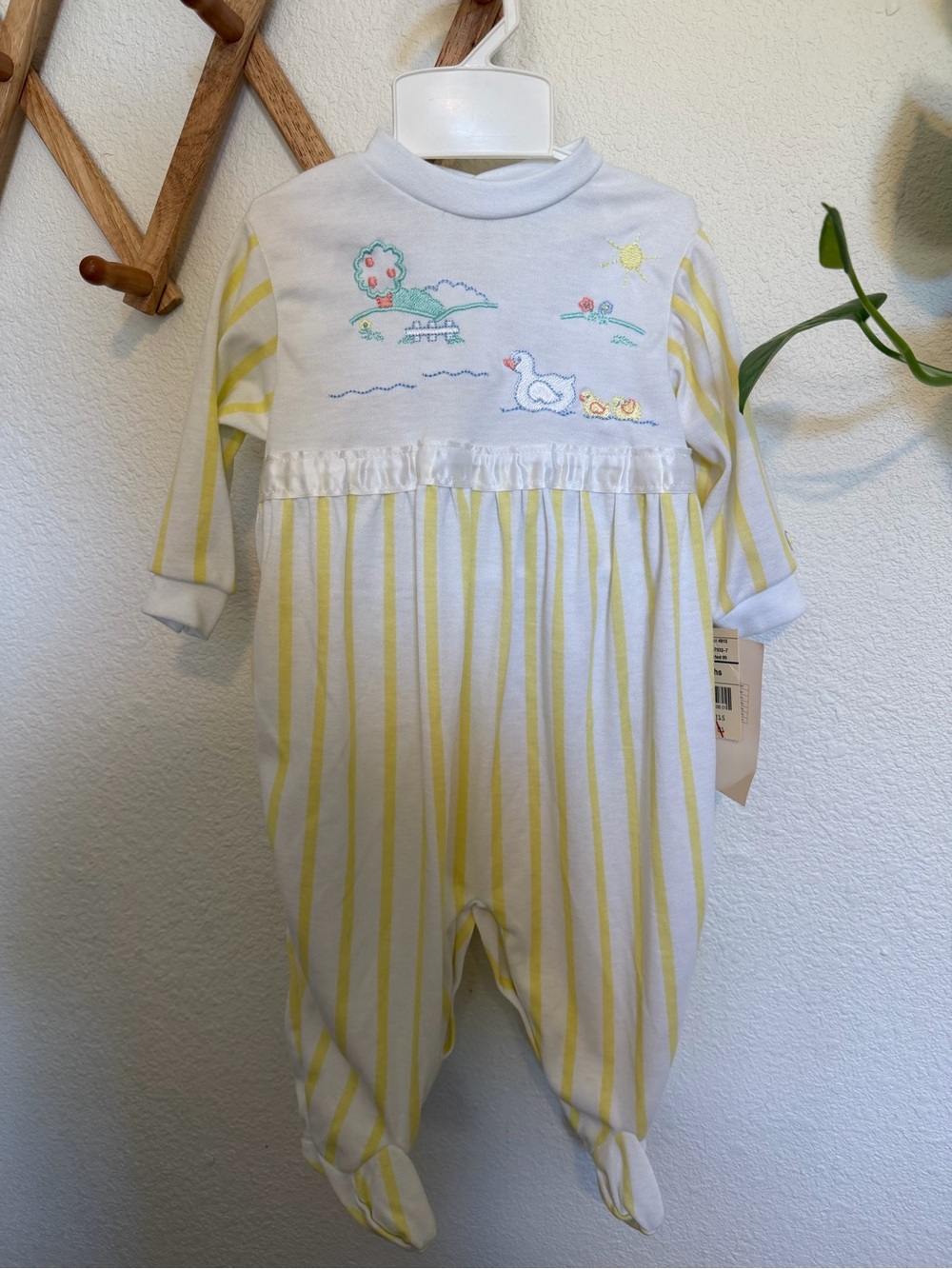 Vintage Unisex Yellow & White Striped Baby One-Piece with Duck Embroidery